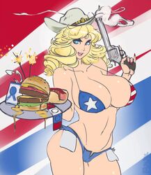 1girls american_flag american_flag_bikini blonde_hair blue_eyes breasts burger condom_packet_strip cowboy cowboy_hat female female_only firearm gun gun_smoke handgun hot_dog large_breasts live_for_the_funk microshorts pistol red_nails revolver short_shorts weapon