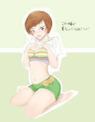 1girls 9_9bird atlus blush brown_hair embarrassed kneeling persona persona_4 satonaka_chie short_hair solo swimsuit