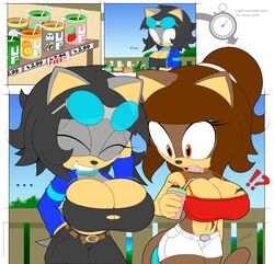 anthro big_breasts black_hair blue_eyes breast_expansion brown_hair cleavage drinks eyelashes makia_(slickehedge) original_characters red_eyes slickehedge soyale_(slickehedge) sunglasses sunglasses_on_head tattoo text