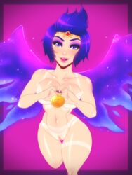 1girls big_breasts blush breasts busty cleavage discordia_(smite) female female_focus female_only goddess law-zilla naked no_bra no_panties nude purple_eyes purple_hair pussy smile smiling smite solo tanline thick thick_thighs thighs