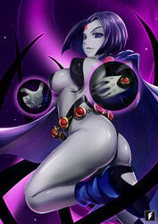 ass big_breasts cartoon_network dc dc_comics dcau demon_girl female female_focus female_only forehead_jewel fuji_fujiko grey_skin half_demon heel_boots nipples nipples_visible_through_clothing pale-skinned_female pasties purple_eyes purple_hair rachel_roth raven_(dc) short_hair smooth_skin solo solo_female solo_focus superheroine teen_titans thong