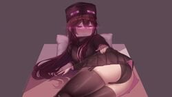 ander ass bed black_thighs blush destinyplayer1 enderman enderwoman female light-skinned_female light_skin long_brown_hair minecraft mob_talker pale-skinned_female pale_skin purple_eyes