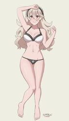 1girls barefoot blonde_hair blush bra breasts breasts_apart cleavage clothing corrin_(fire_emblem) corrin_(fire_emblem)_(female) female fire_emblem fire_emblem_fates full_body hair_between_eyes hair_ornament hairband highres long_hair manakete medium_breasts navel nintendo panties pointy_chin pointy_ears red_eyes sarukaiwolf silver_hair smile solo underwear white_hair