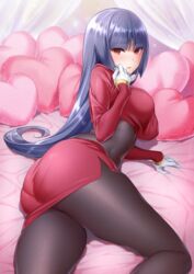 1girls akira_(natsumemo) ass big_ass eye_contact female fully_clothed gloves hime_cut hizuki_akira leggings long_hair looking_at_viewer nintendo pale-skinned_female pale_skin pokemon pokemon_rgby purple_hair red_eyes sabrina_(pokemon) thick_ass thick_thighs thighs