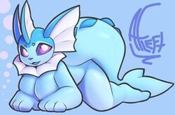 1girls alwaysfaceleft anthro ass big_ass big_breasts blue_skin breasts eeveelution looking_at_viewer paws pokémon_(species) pokemon pokemon_rgby purple_eyes tail vaporeon wet