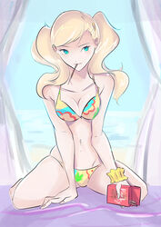 1girls 9_9bird ann_takamaki atlus beach bikini bikini_bottom bikini_top blonde_hair blue_eyes cleavage clothed clothed_female clothes clothing female female_only fully_clothed kneeling long_hair looking_at_viewer navel persona persona_5 pocky revealing_clothes simple_background solo swimsuit towel twintails