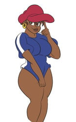 1girls abigail_lincoln aged_up amira_(glassfish) big_breasts blue_shirt brown_eyes brown_hair brown_lips cartoon_network codename:_kids_next_door cosplay curly_hair curves curvy curvy_female curvy_figure dark-skinned_female dark_skin female female_only glassfish looking_at_viewer numbuh_5 red_cap short_hair smile smooth_skin solo_female standing thick_thighs white_background wide_hips yellow_earrings