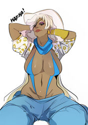 2d alternate_costume ana_amari big_breasts blizzard_entertainment cabana_ana clothed dark-skinned_female dark_skin egyptian eyepatch eyeshadow fully_clothed gilf hands_behind_head kafka_art lipstick mature mature_female milf nasolabial_folds navel old_ana_amari old_woman overwatch sling_bikini solo solo_female undressing white_hair wide_hips wrinkles