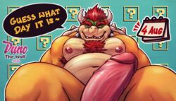 2020 ? anthro belly bowser dunothewolf english_text erection genitals hi_res koopa male male_only mario_(series) moobs navel nintendo nipples overweight overweight_anthro overweight_male penis scalie solo text video_games