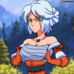 2d 2d_animation animated animated_gif big_breasts breasts cd_projekt_red ciri clothed clothing female female_only flashing gif pressing_breasts_together squished_breasts the_witcher_(series) the_witcher_3:_wild_hunt twistedgrim