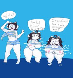 bimbo bimbofication bodily_fluids breast_expansion breasts canid canine clothed clothing female fur genitals hair lactating lactation limebeatzafterdark mammal milk nipples open_mouth pussy shortstack shortstackification simple_background solo tem temmie_(undertale) transformation undertale video_games white_body white_fur