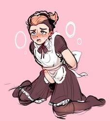 1:1 1boy 2020 blush crossdressing femboy garrett_(skaroy) hands_behind_back heart-shaped_pupils heavy_breathing maid_uniform male male_only open_mouth original penis penis_out pink_background skaroy two_tone_hair