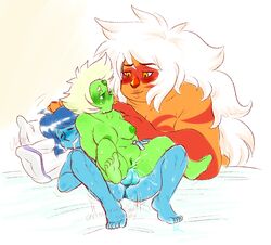 anal anal_sex blue_skin dragonsmooches futanari green_skin jasper_(steven_universe) lapis_lazuli_(steven_universe) orange_skin peridot_(steven_universe) sex size_difference steven_universe threesome