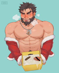 1boy abs ahe_gao bara beard black_hair blush censored cerberus_arts chest cigar cum cum_pool ded_(tokyo_afterschool_summoners) erection facial_hair gift green_eyes human human_only male male_focus male_only manly muscle nipples partially_undressed pectorals penis revealing_clothes santa_costume solo tokyo_afterschool_summoners tokyo_houkago_summoners tongue tongue_out undressing upper_body