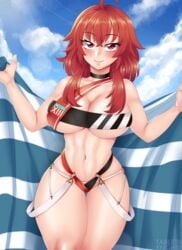 1girls artist_name beach_towel big_breasts blush claire_akabane cleavage eyebrows_visible_through_hair female female_only hi_res light-skinned_female light_skin long_hair looking_at_viewer necro_xiii red_eyes red_hair smile smiling solo swimsuit tabletknight thick_thighs watermark youtube youtuber