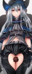 2020 akehi_yuki arknights bar_censor belt black_gloves capelet censored expressionless female gloves hair_between_eyes hat long_hair looking_at_viewer navel penis red_eyes silver_hair skadi_(arknights) thigh_cutout thigh_sex