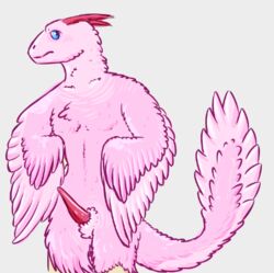 1boy 2020 animal_genitalia anthro anthrofied avian balaur black_pupils blue_sclera dinosaur dinosaur_simulator dromaeosaurid feathered_dinosaur feathers humanoid male male_only penis pink_feathers quills shaded simple_background simple_shading solo stern_expression tail unknown_artist wet_penis