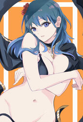 1girls alternate_costume bare_arms bikini black_bikini black_swimsuit blue_eyes blue_hair byleth_(fire_emblem) byleth_(fire_emblem)_(female) byleth_(summer)_(fire_emblem)_(female) covering_breasts female fire_emblem fire_emblem:_three_houses fire_emblem_heroes flower flower_in_hair large_breasts looking_at_viewer midriff nintendo official_alternate_costume solo swimsuit teal_hair tomas_(kaosu22) tomasupso2 wardrobe_malfunction