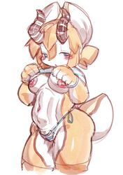 2020 antelope anthro blonde_hair blush bovid breasts camel_toe clothed clothing clothing_lift female gazelle hair halsione hi_res horn looking_aside mammal navel nipples shirt shirt_lift simple_background solo topwear underwear white_background yellow_body