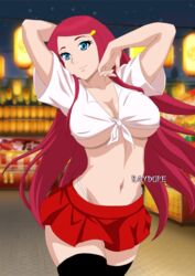 1girls big_breasts blue_eyes breasts busty cleavage detailed_background dress female female_only festival long_hair naruto naruto_(series) naruto_shippuden raydopesan red_hair skimpy skimpy_clothes solo thighhighs thong tied_shirt underboob underwear uzumaki_kushina walking whale_tail