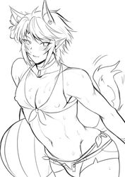 1boy androgynous animal_ears animal_tail big_ass black_and_white blush bulge canon_crossdressing crossdressing ear_piercing femboy girly link link_(twilight_princess) looking_at_viewer male_only muscles nipples_visible_through_clothing short_hair smile sweat swinwear tamatamako the_legend_of_zelda trap twilight_princess white_background wolf_ears wolf_link wolf_tail