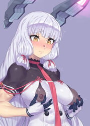 bangs blunt_bangs blush breasts covered_nipples dress evuoaniramu female floating_headgear gloves highres kantai_collection long_hair medium_breasts mizuumi_(bb) murakumo_(kantai_collection) necktie nipple_tweak pokies remodel_(kantai_collection) sidelocks solo strapless strapless_dress undershirt very_long_hair white_hair yellow_eyes