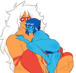 2girls anal_fingering anus ass blue_skin closed_eyes dragonsmooches fingering hairy_pussy jasper_(steven_universe) lapis_lazuli_(steven_universe) multiple_girls nude orange_skin pubes pubic_hair pussy pussy_hair pussy_juice sex steven_universe white_background yuri