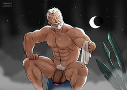 1boy abs bara beard bulge censored cerberus_arts chest facial_hair hogen_(tokyo_afterschool_summoners) horns large_penis looking_at_viewer male male_focus male_only manly moon muscle nipples old_man pectorals penis single_horn sitting smile solo sweat tokyo_afterschool_summoners tokyo_houkago_summoners towel upper_body yellow_eyes