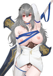 1girls areolae azur_lane blu1712 breasts female female_only grey_hair huge_breasts iris_libre_(azur_lane) light-skinned_female light_skin nipples no_bra pubic_hair pussy red_eyes saint-louis_(azur_lane) solo tagme thighhighs torn_clothes uncensored weapon