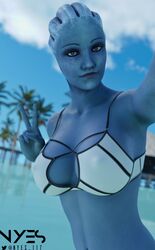 1girls 3d 3d_(artwork) 9:16 alien alien_girl asari bikini_top bioware blue_eyes blue_skin bra breasts cleavage female female_only freckles liara_t'soni looking_at_viewer mass_effect mass_effect_2 mass_effect_3 navel nipples_visible_through_clothing no_humans nyes117 peace_sign sci-fi science_fiction solo solo_female swimsuit tagme