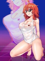 1girls artist_name big_breasts bottomless breasts claire_akabane cleavage female female_only full_body glasses hands_behind_back hi_res kneeling long_hair looking_at_viewer mostly_nude necro_xiii neon_grid nipples nipples_visible_through_clothing on_knees partially_clothed pussy red_eyes red_hair reflection see-through solo sweat tabletknight thick_thighs thighs translucent_clothing vaporwave watermark youtube youtuber