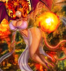 angry bikini curvaceous curvy demon_girl demon_tail demon_wings female fenrox fireball flaming_hair glowing_eyes horns huge_breasts original original_character purple_hair succubus tanned_skin transparent_clothing voluptuous