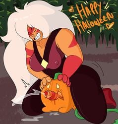 breasts clenched_teeth clothed_sex cum cumshot ejaculation erect_nipples erection food_penetration food_play foreskin fucking_pumpkin futadom futanari halloween intersex jasper_(steven_universe) kneeling large_breasts long_hair nipple_bulge on_ground orange_skin outdoors penis penis_out pumpkin pumpkin_(steven_universe) sex sleeptalker solo_futa steven_universe white_hair