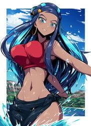 1girls 2020 aqua_hair armpits bare_arms bare_shoulders blue_eyes blue_eyeshadow blue_hair breasts dark-skinned_female dark_skin ear_ring earrings eyeshadow female female_only hair_ornament highres impossible_clothes large_breasts long_hair makeup matching_hair/eyes midriff navel nessa_(pokemon) nintendo outdoors partially_submerged pokemon pokemon_ss short_hair skirt sky smile solo splashing suzusiigasuki swimwear teeth thick_thighs thighs two_tone_hair water white_border