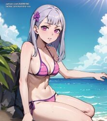 1girls ai_art ai_generated anime_style beach beach_background bikini black_clover female female_only karmino medium_ass medium_breasts noelle_silva pink_eyes ponytail purple_eyes silver_hair solo tanning white_skin