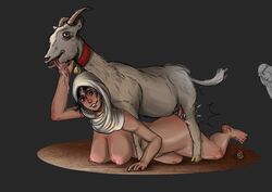 1girls animal_genitalia animal_tail ass bell bestiality big_ass big_belly big_breasts black_eyes black_hair blush blushing breasts brown_skin collar cum dark-skinned_female dark_skin dirty drooling female feral_on_female from_behind from_behind_position goat happy hijab horns male penis saliva saliva_string scarf semen smile smiling thighs tongue voiddecker zoophilia