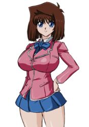 1girls big_breasts blue_eyes breasts brown_hair female hands_on_hips human looking_at_viewer school_uniform skirt smile smiling solo solo_female tea_gardner white_background yu-gi-oh! zahkey