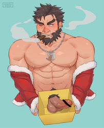 1boy abs bara beard black_hair blush censored cerberus_arts chest cigar ded_(tokyo_afterschool_summoners) erection facial_hair gift green_eyes human human_only male_focus male_only manly muscle nipples partially_undressed pectorals penis revealing_clothes santa_costume solo testicles tokyo_afterschool_summoners tokyo_houkago_summoners undressing upper_body