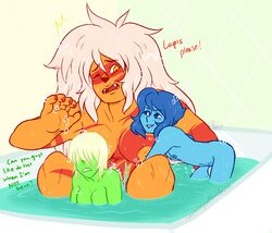 3girls bath bathing blue_skin dragonsmooches english_text green_skin jasper_(steven_universe) lapis_lazuli_(steven_universe) large_breasts multiple_girls nude orange_skin partially_submerged peridot_(steven_universe) size_difference small_breasts steven_universe water yuri