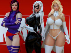 3d 3d_(artwork) 3girls ass betsy_braddock big_breasts black_cat_(marvel) blonde_hair bra breasts butt cleavage commission corset corset_bra curvaceous curves curvy curvy_figure domino_mask emma_frost felicia_hardy female female_only front_view g-string gloves guhzcoituz hourglass_figure huge_breasts large_breasts lipstick long_hair looking_at_viewer looking_back makeup marvel marvel_comics mask midriff mutant panties psylocke purple_hair reflection spider-man_(series) stockings straight_hair superheroine thick_ass thick_legs thick_thighs thin_waist thong underwear voluptuous white_corset white_hair white_queen wide_hips x-men