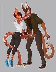 anthro blush crotch_head duo eyewear female glasses hi_res kalasian kissing male straight tail_hand what wmdiscovery93 yoga_pants