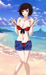 artemisumi beach big_breasts bikini breasts female huge_breasts naked nipples pink_nipples public_nudity ruby_rose rwby silver_eyes topless