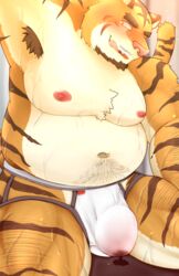 2020 anthro belly blush bodily_fluids bulge clothing felid genital_fluids hi_res kemono male male_only mammal moobs navel nipples overweight overweight_male pantherine precum sitting solo tiger tongue tongue_out udontarai underwear