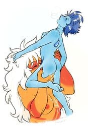 2girls ass blue_skin cartoonyafterdark closed_eyes cunnilingus dragonsmooches jasper_(steven_universe) lapis_lazuli_(steven_universe) multiple_girls nude oral orange_skin sex size_difference steven_universe wet white_background yuri