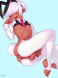 1boy balls bunny_tail dark-skinned_femboy dark-skinned_male dark_skin femboy hair_over_eyes kuroino_(0kuro8ino6) male male_only original penis pointy_ears simple_background solo thighhighs trap zai_(kuroino)