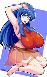 1girls alternate_costume armpits bangs bare_legs barefoot bikini bikini_skirt blue_eyes blue_hair breasts caeda_(fire_emblem) female female_only fire_emblem fire_emblem:_mystery_of_the_emblem fire_emblem:_shadow_dragon_and_the_blade_of_light huge_breasts kneeling legs light-skinned_female light_skin long_hair looking_at_viewer nintendo official_alternate_costume see-through senak012 solo swimsuit thick_thighs very_long_hair