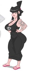 arm_tattoo ass_in_dress barbara_yamanaka_(wappah) big_ass big_breasts black_dress busty female flip_flops goth hair_knot hand_on_hip long_dress plain_background serious_look skull solo tattoo thick_thighs voluptuous wappah white_background