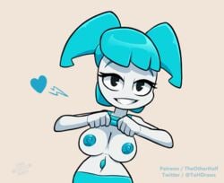 animated belly_button blue_nipples bouncing_breasts breasts clothing english_text female female_protagonist flashing gif gynoid heart jenny_wakeman large_breasts machine my_life_as_a_teenage_robot nickelodeon nipples robot robot_girl shirt_lift tagme tank_top_lift the_other_half titty_drop top_lift xj-9