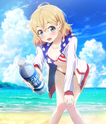 1girls ahoge american_flag american_flag_bikini artist_request beach bent_over bikini blonde blue_eyes blurry blurry_background blush bottle breasts clavicle cleavage cloud day depth_of_field english_text female hand_on_knee hand_on_leg hand_on_own_knee high_resolution hirayama_kanna hood hooded_jacket hoodie island jacket kanojo_okarishimasu key_visual knees_together_feet_apart leaning_forward looking_at_viewer nanami_mami navel ocean offering official_art open_clothes open_jacket open_mouth outdoors sky small_breasts solo standing star_(symbol) swimsuit teeth text usa_bikini water water_bottle