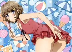 ass blue_eyes breasts brown_hair embarrassed food from_behind hair_ornament hairclip ice_cream seishun_buta_yarou_wa_bunny_girl_senpai_no_yume_wo_minai small_breasts solo solo_female swimsuit tomoe_koga